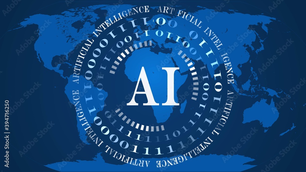 Poster ai - abstract artificial intelligence background - circles of binary code with white letters in the 