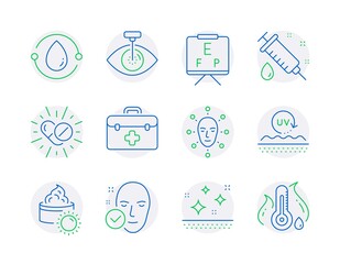Healthcare icons set. Included icon as Medical syringe, Face biometrics, Eye laser signs. Cold-pressed oil, Health skin, First aid symbols. Clean skin, Medical drugs, Uv protection. Vector