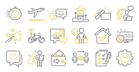 Set of Business icons, such as Wallet, Survey checklist, Vip podium symbols. Engineering team, Time management, Fast recovery signs. Accounting, Smile face, Opened gift. Web call. Vector