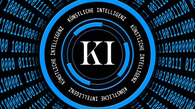 AI - abstract Artificial Intelligence (in german KI - Kuenstliche Intelligenz) background in blue - binary code arranged in cylinder shape - white lettering around HUD elements - cyber technology and 
