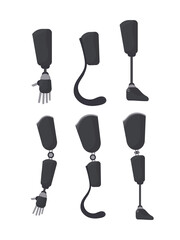 A set of prostheses for people. Hand and leg prosthesis in flat style. Vector.