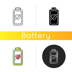 Fototapeta premium Fully discharged battery icon. Low percantage on your device. Disabled system. Need conecting to charging cable. Linear black and RGB color styles. Isolated vector illustrations