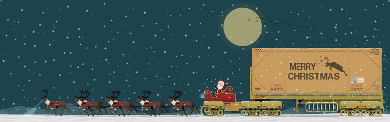 Santa Claus and his reindeer are traveling among falling snow. © heavypong
