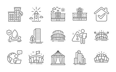 Buildings, Circus tent and Hospital building line icons set. Arena stadium, Skyscraper buildings and Lighthouse signs. Loan house, Hotel and Arena symbols. Sports stadium, Flood insurance. Vector