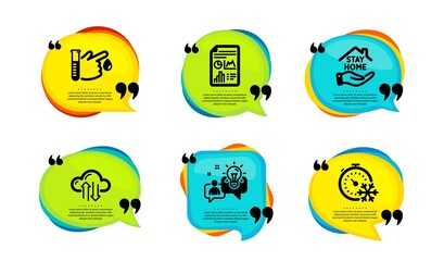 Report document, Cloud sync and Blood donation icons simple set. Speech bubble with quotes. Stay home, Idea and Freezing timer signs. Growth chart, Synchronize storage, Medicine analyze. Vector