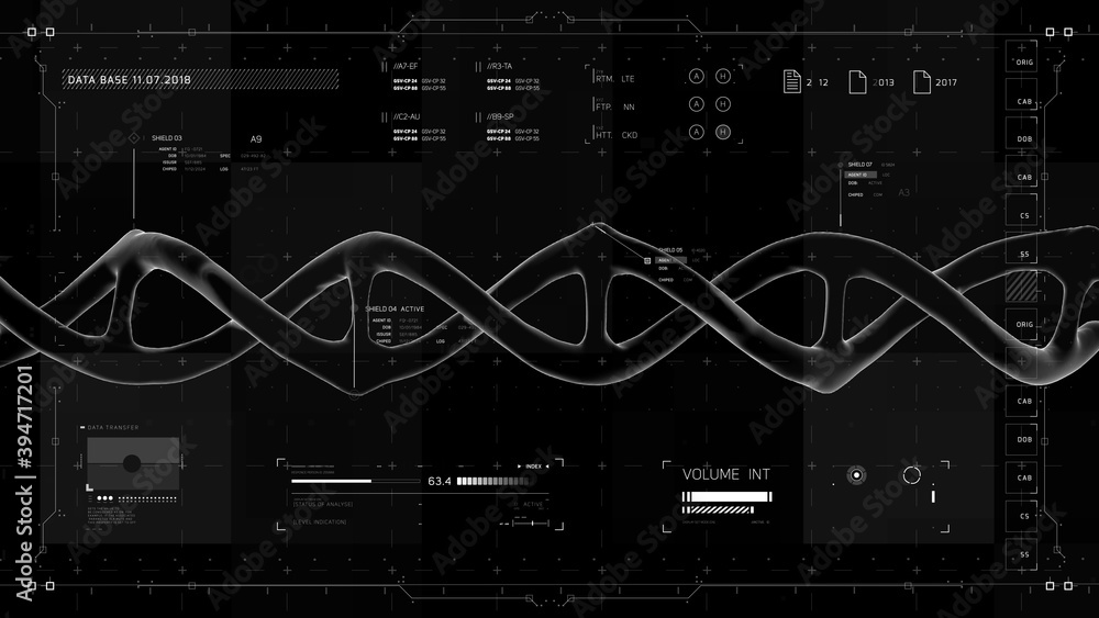 Wall mural black and white infographic elements with dna structure. futuristic user interface. abstract virtual