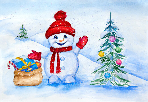 Little snowman in a knitted cap, christmas tree, gift box on snow in the winter. Christmas decoration. Art illustration watercolor painting