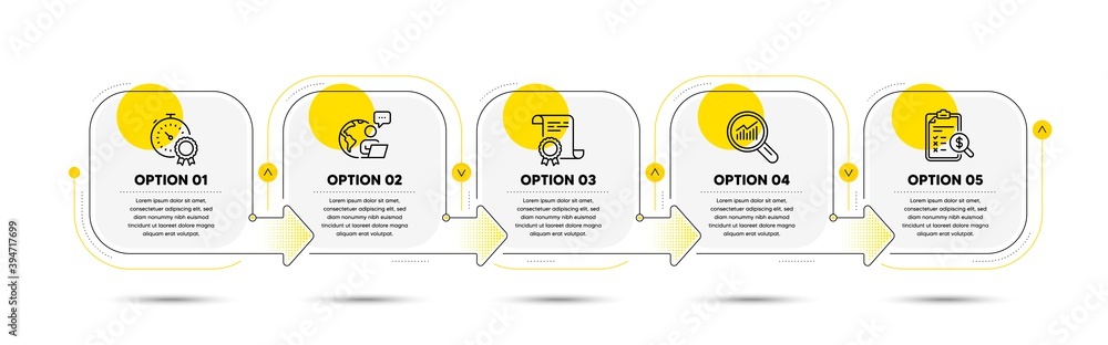 Aufkleber certificate, data analysis and best result line icons set. timeline process flowchart. accounting re