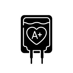 Blood donation black glyph icon. Healthcare charity campaign. Volunteer to aid against disease. Medical help. Donor for patient. Silhouette symbol on white space. Vector isolated illustration