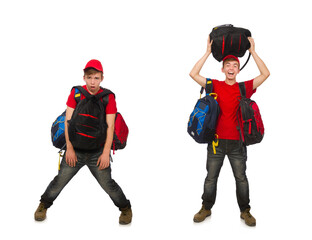 Young traveller with backpack isolated on white