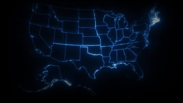 USA American Map Cyber texture By States Animation/ 4k animated simple and minimal cyber american map intro background with states appearing and fading one by one and camera movement