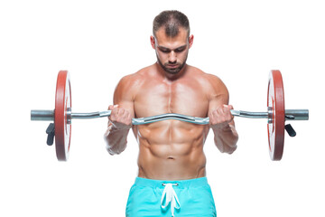 Naklejka na ściany i meble Front view of a strong man bodybuilder lifting a barbell isolated on white background