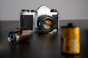 Old classic vintage film camera  with film showing