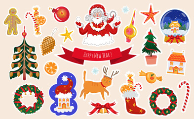 New Year and Christmas Sticker Vector illustration set for kids in cute cartoon style. Collection with Santa, Snow Ball, Christmas tree, Bauble, Gingerbread man, Golden Bells, Candy Sock, Cat deer