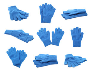 Set of blue woolen gloves on white background