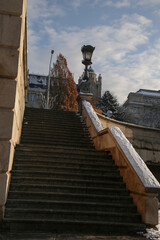 View of the stairs of the chain bridge in budapest in winter. December christmas new year