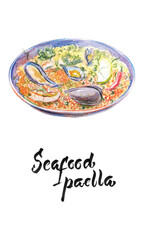 Seafood paella, watercolor illustration