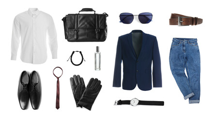 Stylish men's outfit. Collage with modern clothes, gloves and other accessories on white background, banner design