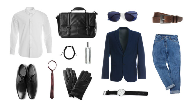 Stylish Men's Outfit. Collage With Modern Clothes, Gloves And Other Accessories On White Background, Banner Design