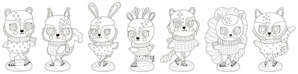 Set of black and white cute cartoon forest animals dressed in sweaters and scarves ice skating. Outline children's isolated clipart. Characters for coloring book, print, design, diy projects. Vector.