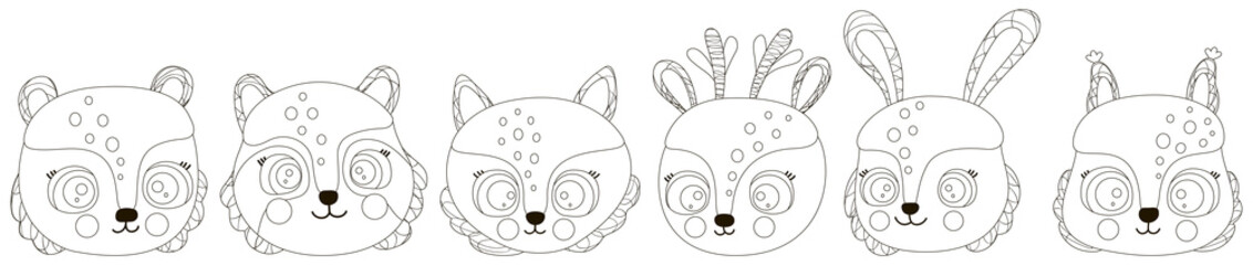 Cartoon set of black and white cute faces of forest animals with round cheeks. Outline heads of a bear, fox, raccoon, hare, squirrel, deer. Isolated contour clipart to coloring book, DIY. Vector.