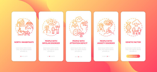 Fototapeta premium SAD risk groups onboarding mobile app page screen with concepts. Genetic factor, anxiety disorder walkthrough 5 steps graphic instructions. UI vector template with RGB color illustrations