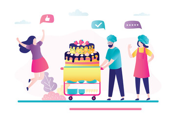 Cute woman happy with her order. Confectioners prepared big cake for client. Two uniformed pastry chefs delivering dessert