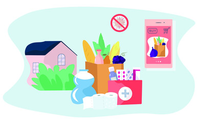 No Contact Home Delivery During Coronavirus.Delivery Food and Drug During Quarantine.Online Shopping. Leaves Food, Toilet Paper and Water Near Door.Social Distance.Flat Vector Illustration