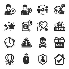 Set of Business icons, such as Chemical hazard, Seo stats, Circus symbols. Air balloon, Security, Engineer signs. Remove account, Hold heart, Sale offer. Swipe up, Engineering team, Time. Vector