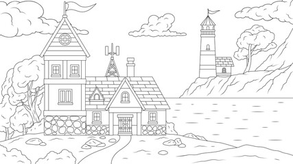 Vector illustration, lighthouse by the sea