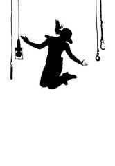A silhouetted female dancer dances on stage. Dressed 
in men's clothing and wearing a man's hat, she is seen 
jumping up in mid-air.