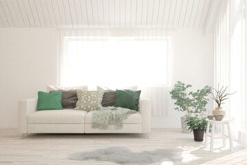 White living room with sofa. Scandinavian interior design. 3D illustration