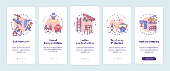 Top workplace safety violations onboarding mobile app page screen with concepts. Fall protection walkthrough 5 steps graphic instructions. UI vector template with RGB color illustrations
