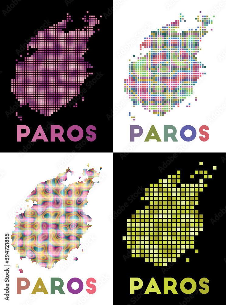 Aufkleber paros map. collection of maps of paros in dotted style. borders of the island filled with rectangles