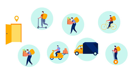 Fototapeta premium No Contact Home Delivery During Coronavirus.Express Delivery Food During Quarantine on Moped or Electic Scooter,Truck,Bicycle and on Foot.Online Shopping.Social Distance.Flat Vector Illustration