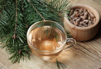 Pine buds herbal vitamin tea in a glass cup with needles and buds nearby on rustic wood, closeup, copy space, herbal vitamin drinks and naturopathy concept