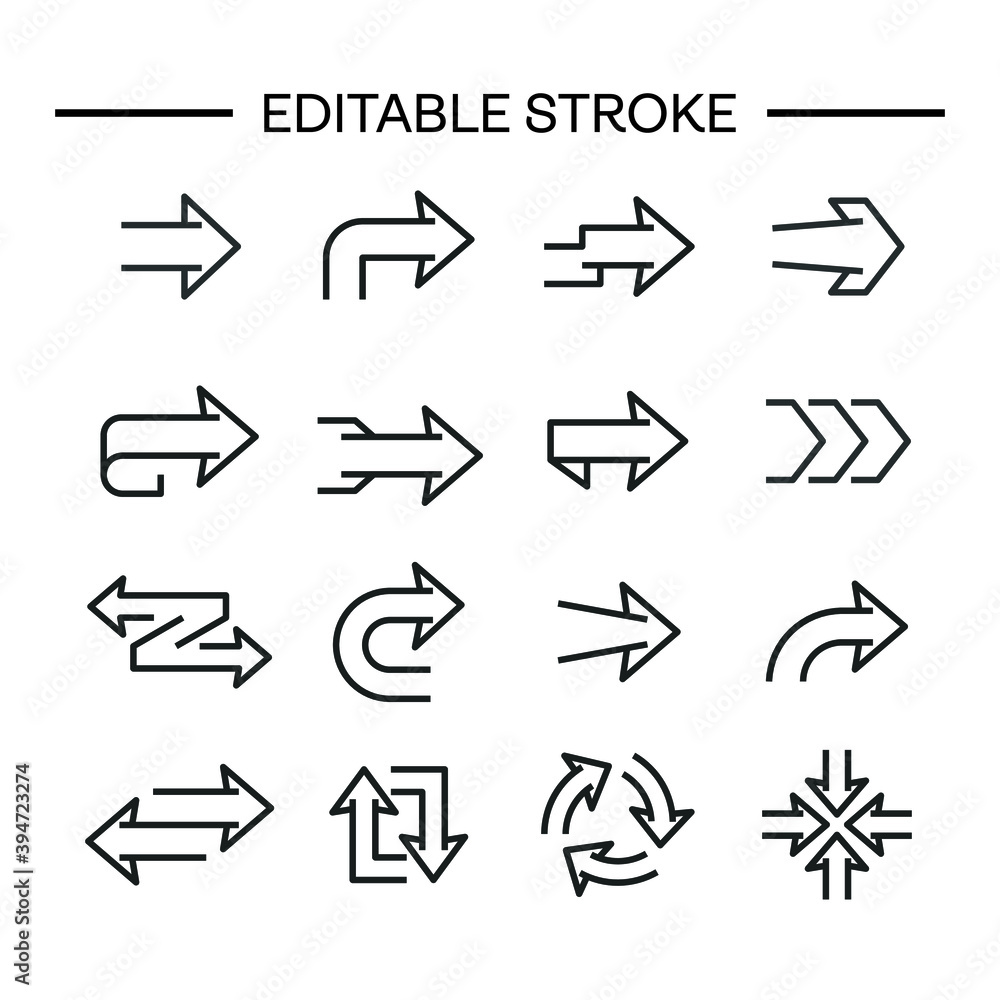 Poster arrows icon line with editable stroke. arrow vector icon set in thin line style. different black dir