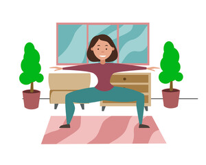 Training at home during quarantine. The girl does squats at home with her legs spread wide. Vector illustration.