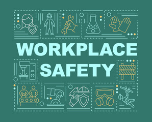 Fototapeta premium Workplace safety word concepts banner. Working environment. Hazard controls. Infographics with linear icons on green background. Isolated typography. Vector outline RGB color illustration