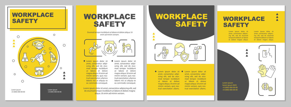 Workplace safety brochure template. Hazard control. Employee wellbeing. Flyer, booklet, leaflet print, cover design with linear icons. Vector layouts for magazines, annual reports, advertising posters