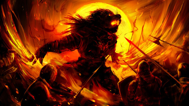 A huge beast-man in the heat of battle fiercely crumples with clawed paws against the background of a rich yellow sun, he is surrounded by a human army of spearmen in armor. 2D illustration.