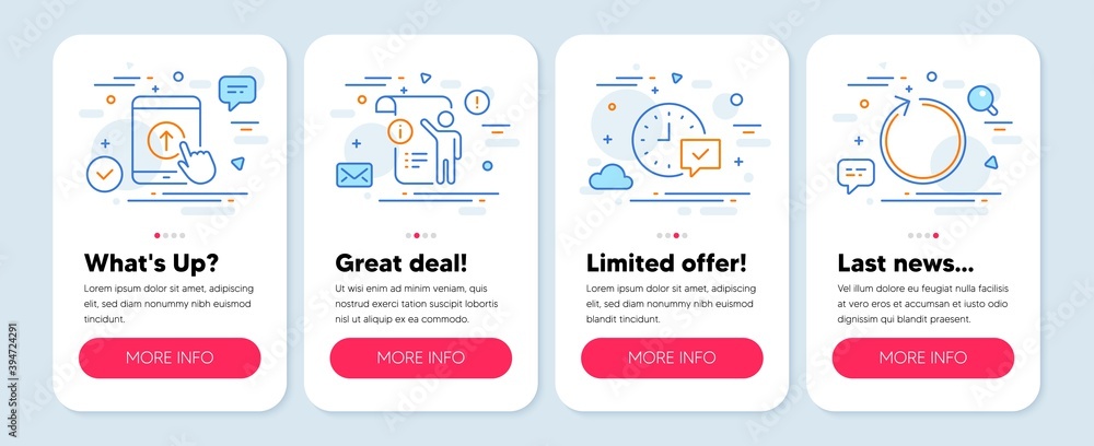 Poster set of technology icons, such as select alarm, swipe up, manual doc symbols. mobile app mockup banne