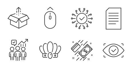 Security network, Business statistics and Crown line icons set. Payment, Send box and Swipe up signs. Document, Biometric eye symbols. Cyber system, Working report, Monarchy king. Vector