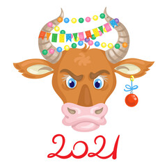 A funny bull - a symbol of the New Year with lights and checkboxes . Greeting card for 2021. In cartoon style. Isolated on white background. Vector flat illustration.