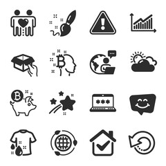 Obraz premium Set of Business icons, such as Eco energy, Recovery data, Sunny weather symbols. Wash t-shirt, Hold box, Laptop password signs. Bitcoin think, Paint brush, Bitcoin coin. Smile chat, Graph. Vector