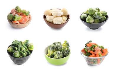 Collage of different frozen vegetables on white background