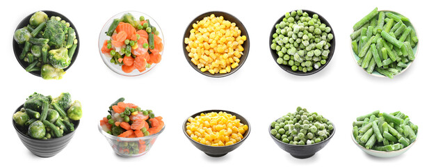 Collage de différents légumes surgelés sur fond blanc