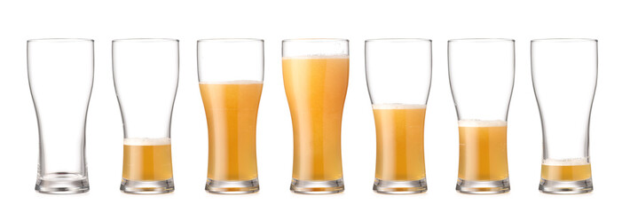 Glasses with different amount of beer on white background
