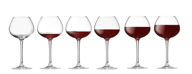Glasses with different amount of red wine on white background