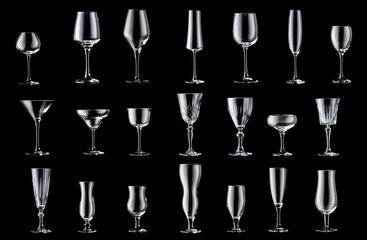 Collage of different empty glasses on dark background